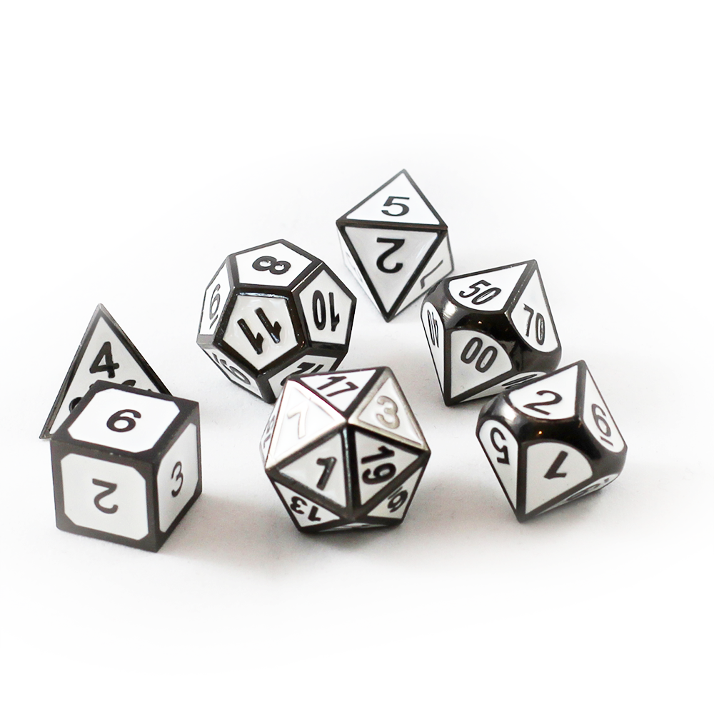 Imperial White dice set scattered on a white background