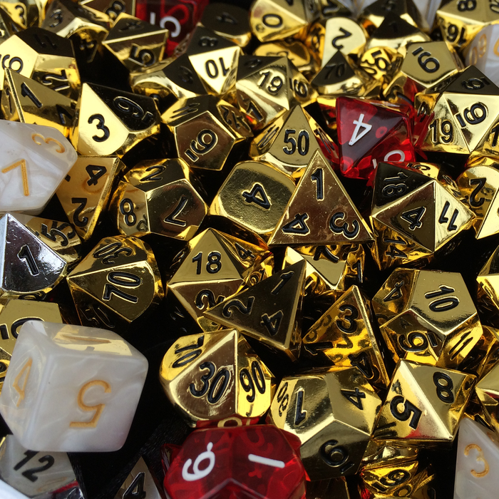 Shop RPG dice sets for Dungeons & Dragons, Pathfinder, and tabletop games, including metal, resin, gemstone, glass, and liquid core dice.