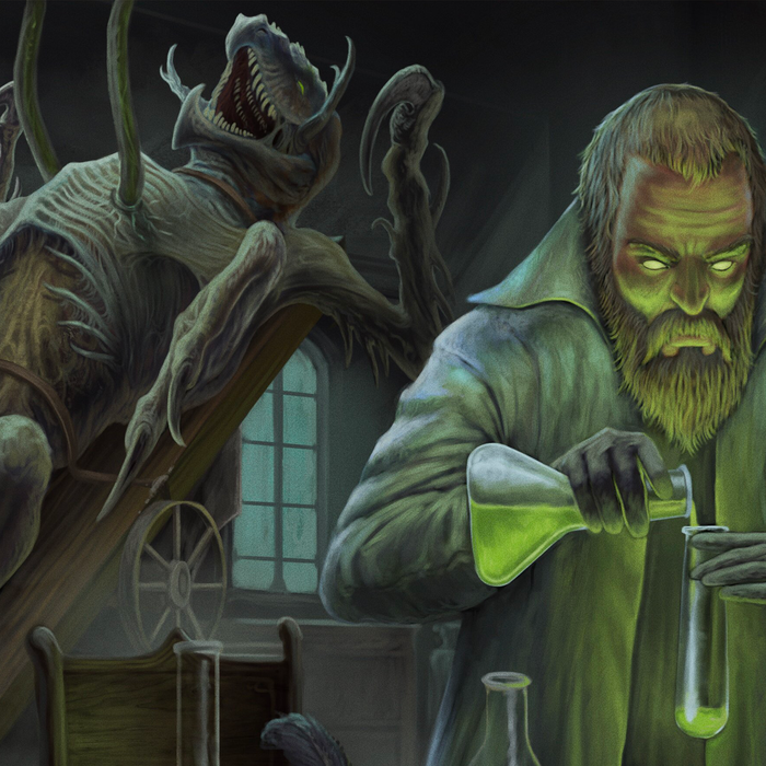 a mad alchemist from the RPG book Mutated Monsters for 5e looks over his creations.