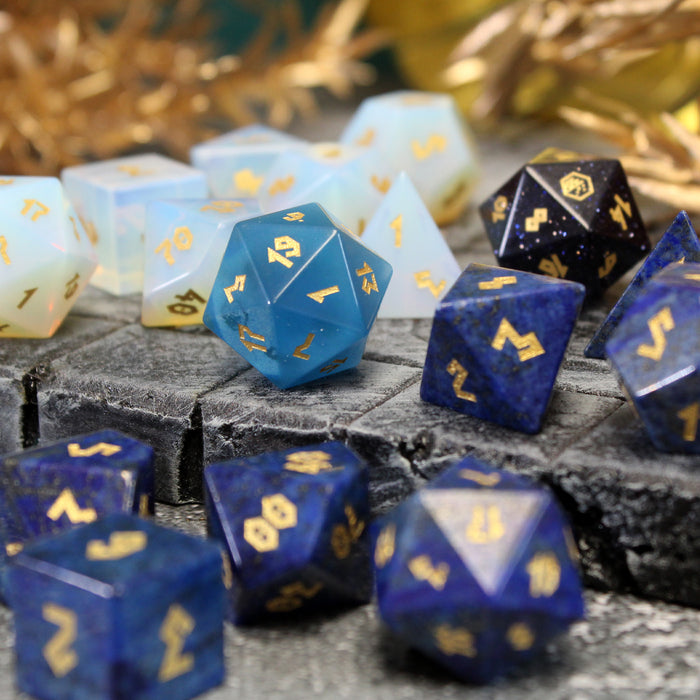 Hand-Cut Gemstone Dice Set for D&D – Semi-precious stone polyhedral dice, perfect for enhancing your tabletop RPG experience.
