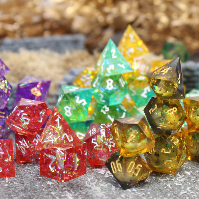 Sharp edged dice set with easy to read font and mylar inclusions.