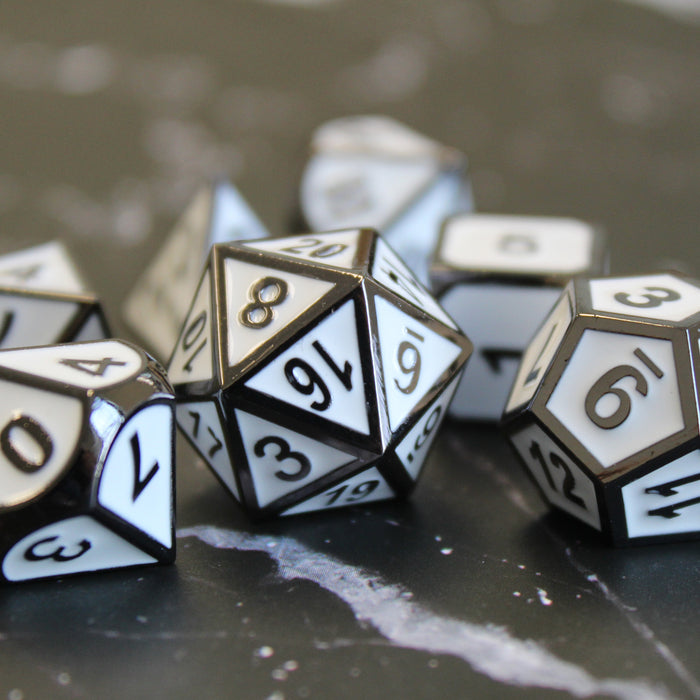 Imperial Dice: Metal dice with a colorful enamel inset.