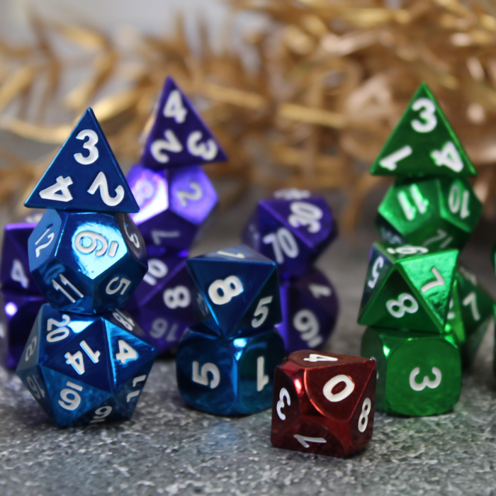 Bright color electroplated dice sets for dnd games. With easy to read white numbering.