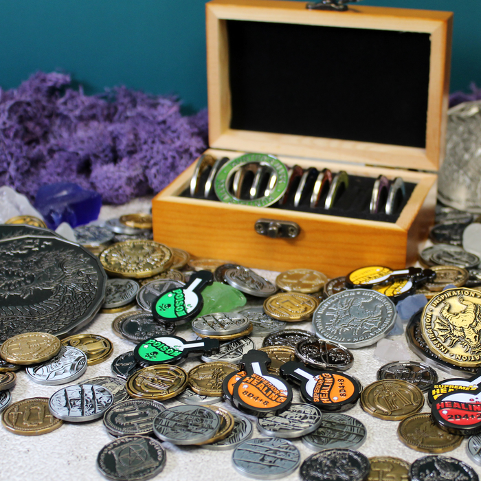 Metal game tokens for dungeons and dragons games.
