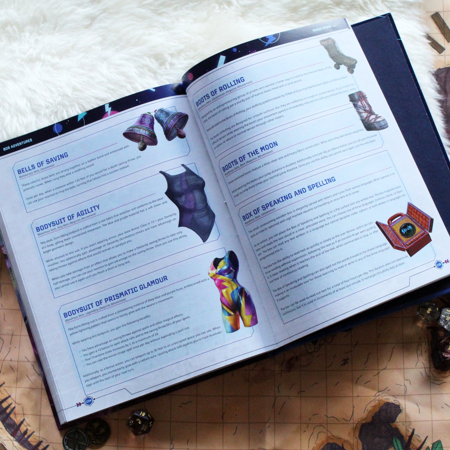 Open dnd book with game rules for new magic items inspired by the 80s on a game map surface.