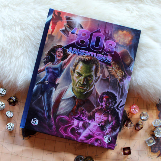 Book titled '80s Adventures' for dnd 2014 with character illustrations on a wooden surface with rpg dice.