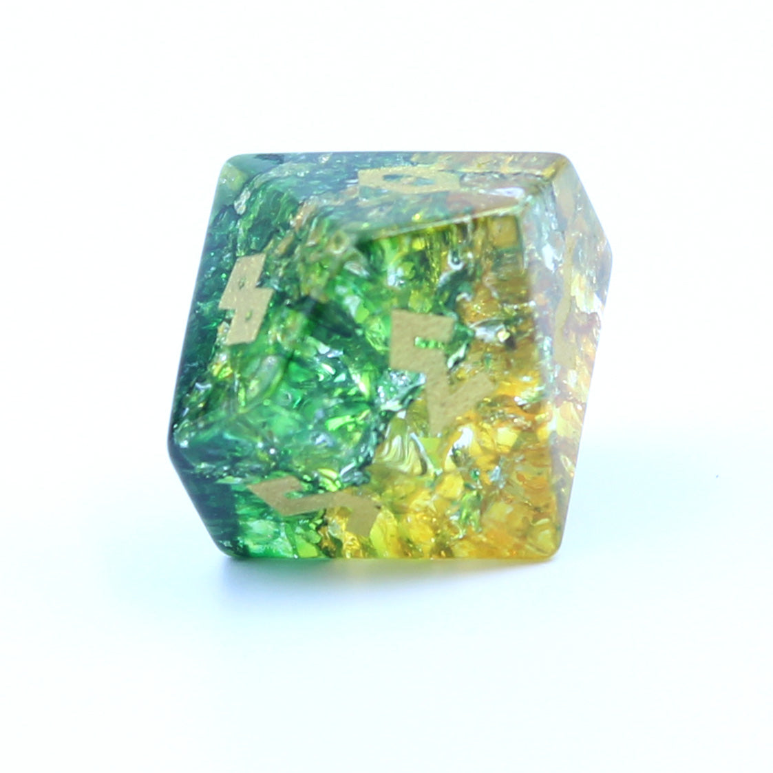 D10 die from the Acid Splash Shattered Glass Dice Set on a white background, showcasing glowing fissures.