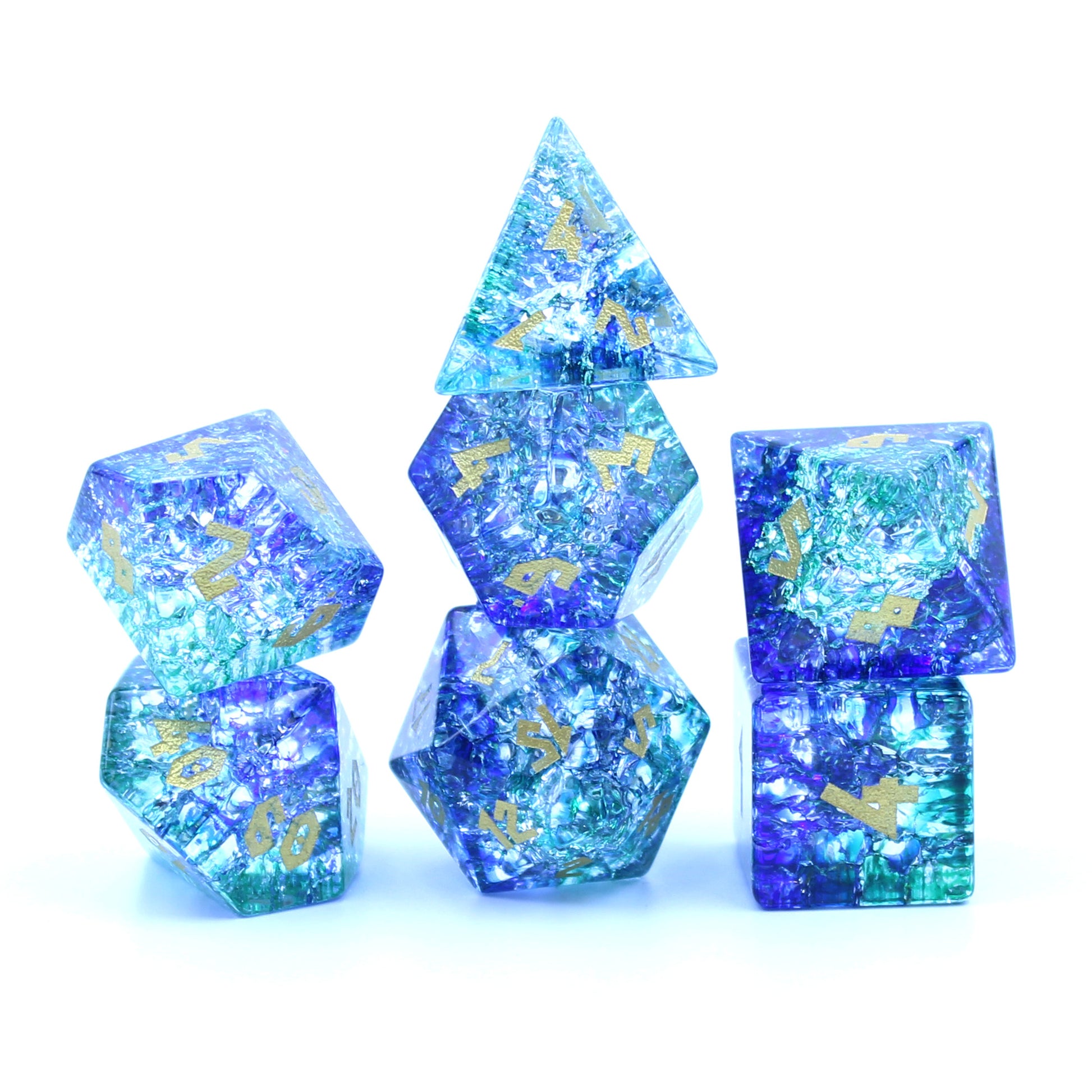 Arctic Wave Shattered Glass Dice Set showcasing sea-green and royal blue colors for frost-themed adventures.