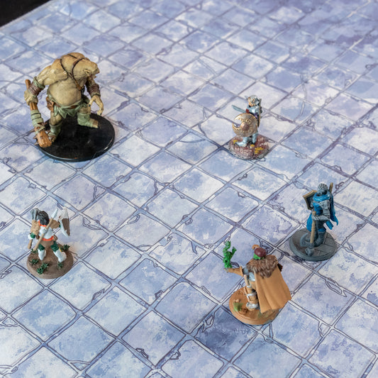 Isometric view of a castle floor battle map with various miniature figures on it