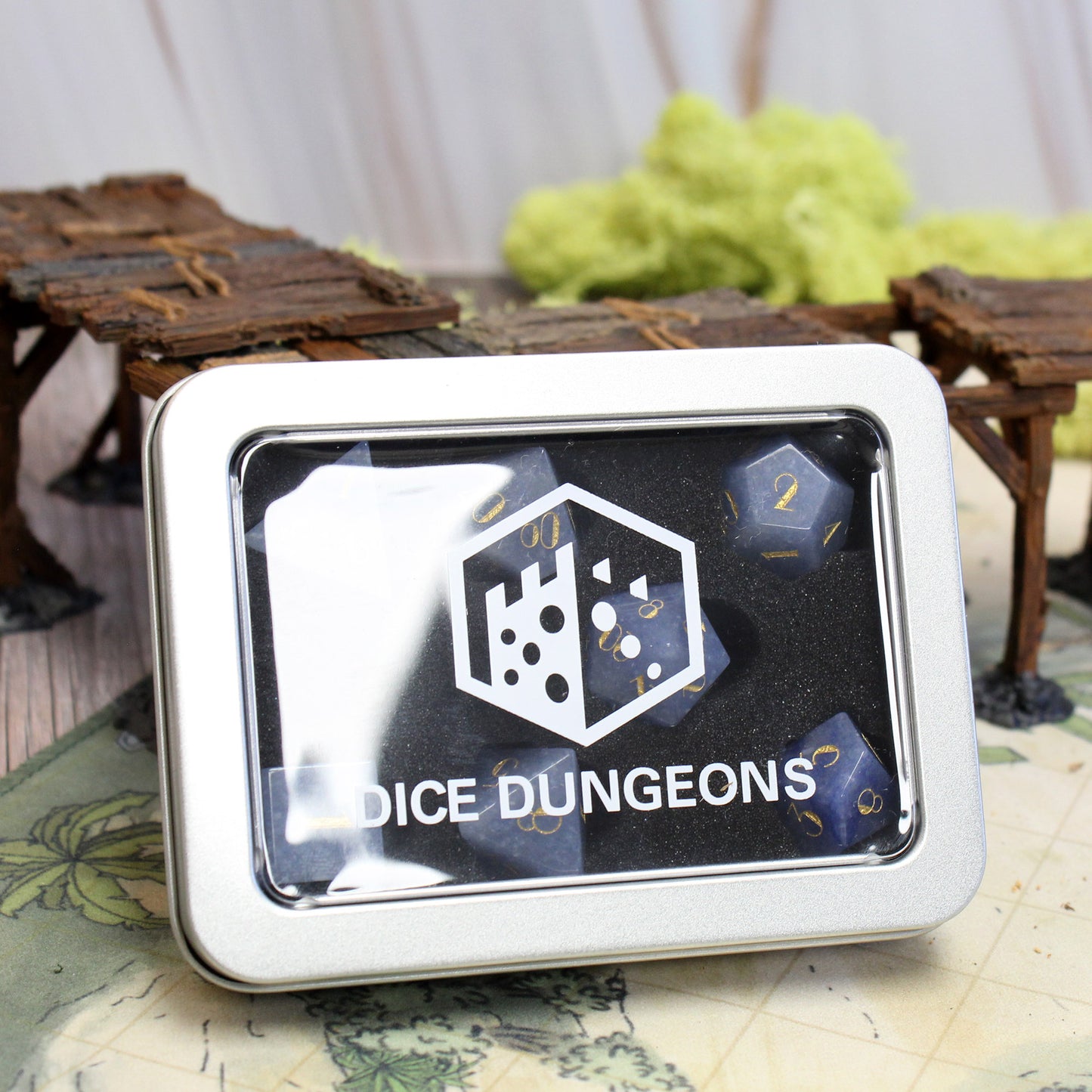 Blue Aventurine gemstone dice set in display box.