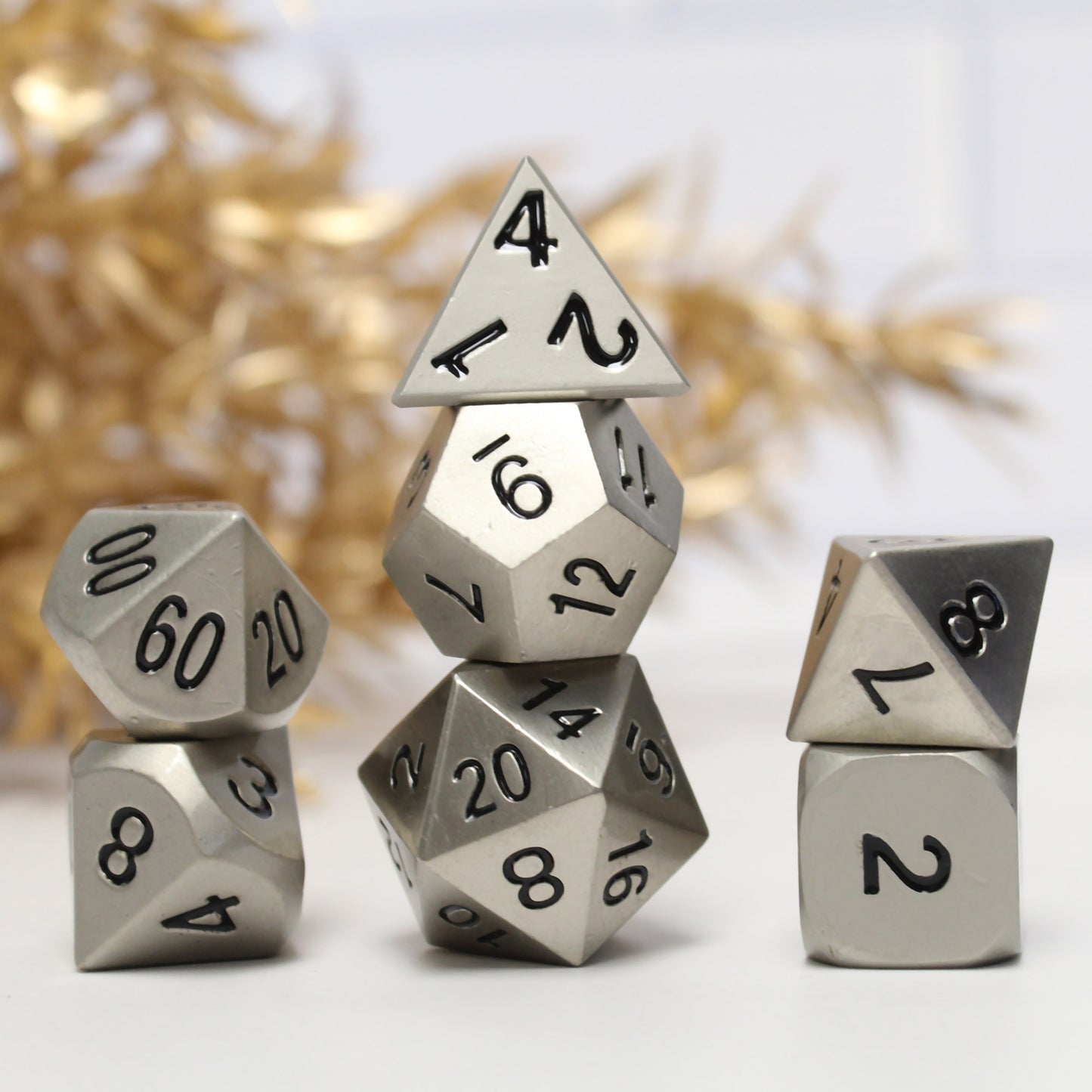 Metal Bright Silver Dice Set with Display Box