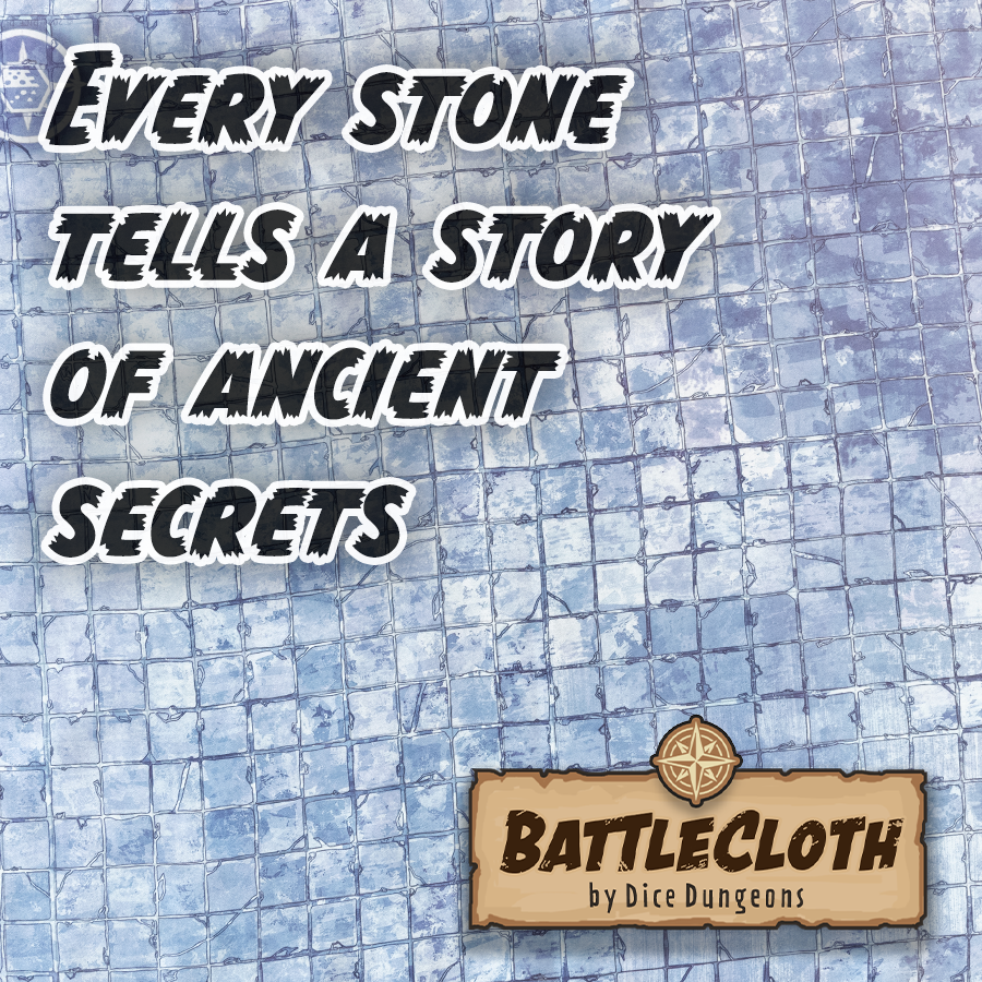 Image of a castle floor battle map with overlaid text, "Every stone tells a stary of ancient secrets"
