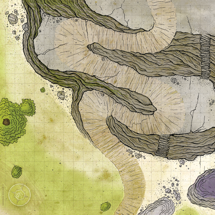 Overhead image of a cloth battle map depicting a winding cliffside path