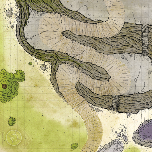 Overhead image of a cloth battle map depicting a winding cliffside path
