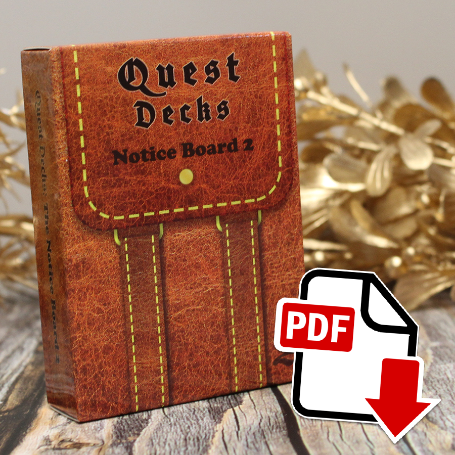 Photo of Quest Deck: Notice Board 2 physical deck with a PDF icon superimposed indicating that this is a digital download.  Notice Board 2 focuses on expanding the original Notice Board deck with additional prompts that fit into nearly any campaign or environment.