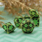 Full set of green dragon pattern metal dice on a simple backdrop for tabletop RPGs like DnD.