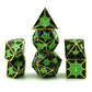 Complete set of green dragon pattern dice, ready for your next DnD adventure.