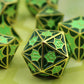 Close-up of D20 die with green dragon scales and gold metallic finish for tabletop RPGs.