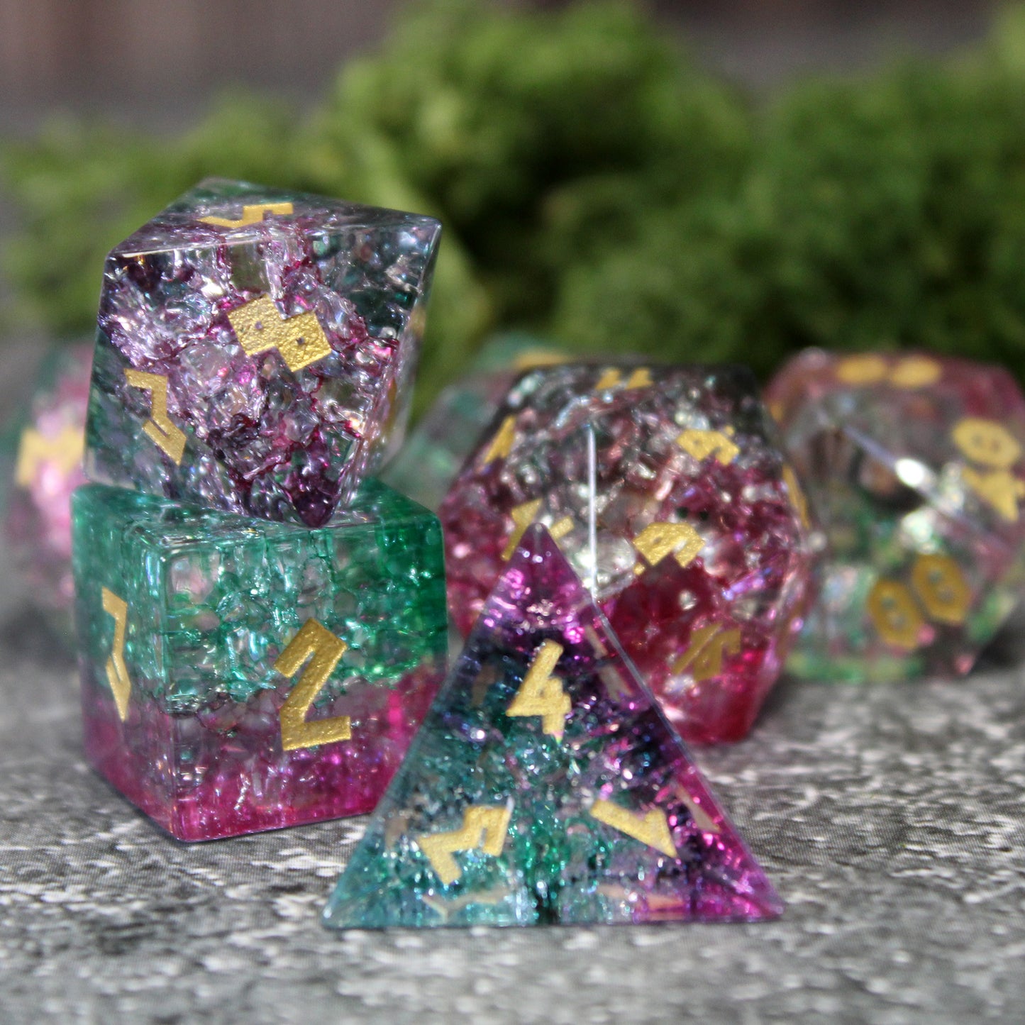 Close-up of the Fae Friend Shattered Glass dice set.