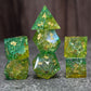 Stacked Frostbound Acid Splash Shattered Glass Dice Set with vivid green and luminous yellow glass for DnD.