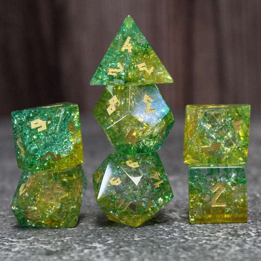 Stacked Frostbound Acid Splash Shattered Glass Dice Set with vivid green and luminous yellow glass for DnD.