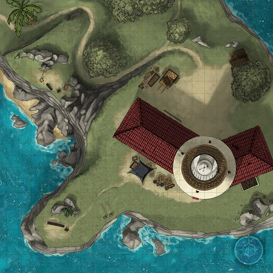 Image of a battle map depicting a hilltop bluff and a lighthouse 