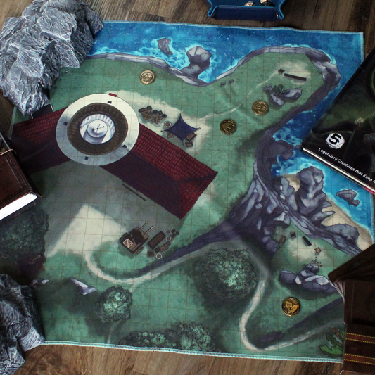 Photo of a battle map of a lighthouse with various metal tokens scattered on top of it