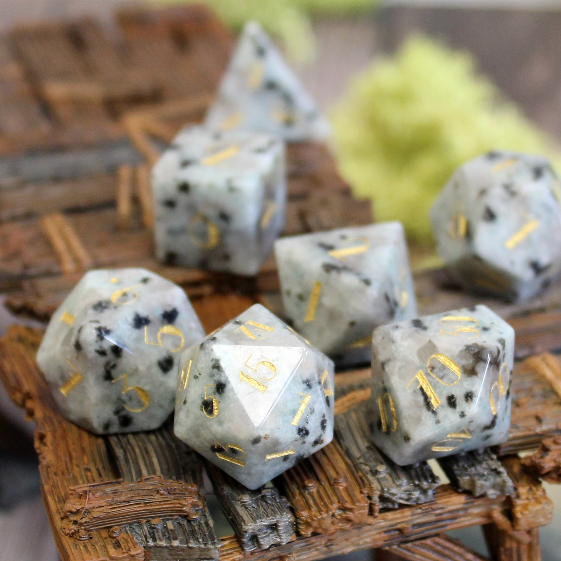 Jasper Gemstone Dice Set on a game table, highlighting the opulent design inspired by the Roaring Twenties, ideal for tabletop RPG adventures.