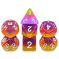 Synthwave Sunset three-layer yellow, pink, and purple dice set with silver numbers