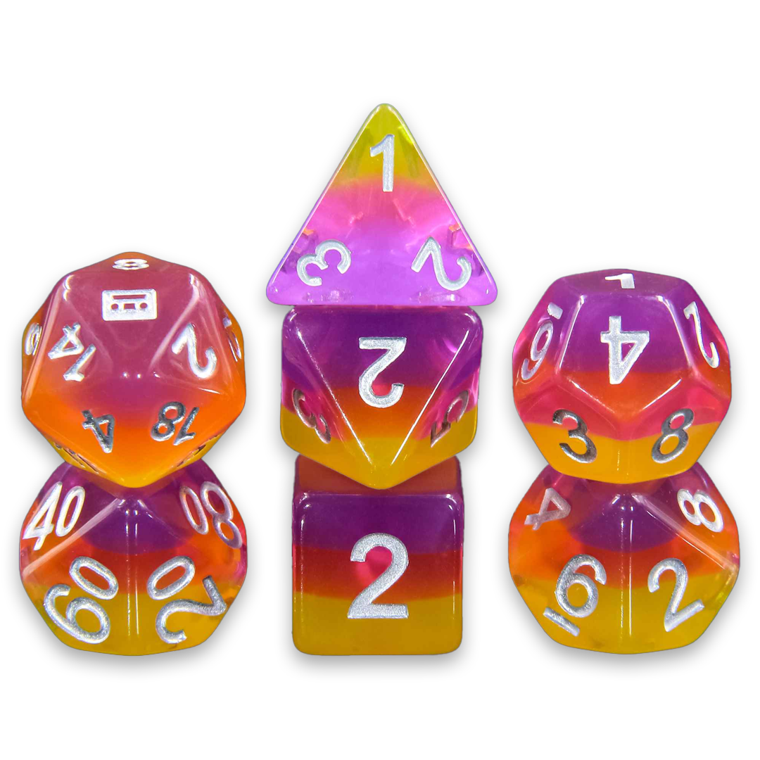 Synthwave Sunset three-layer yellow, pink, and purple dice set with silver numbers