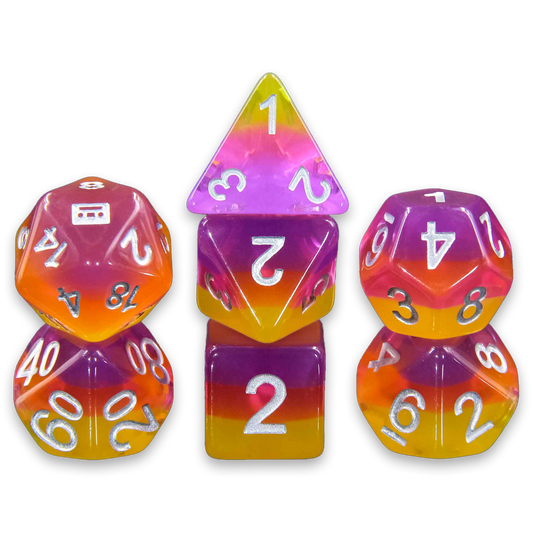 Synthwave Sunset three-layer yellow, pink, and purple dice set with silver numbers