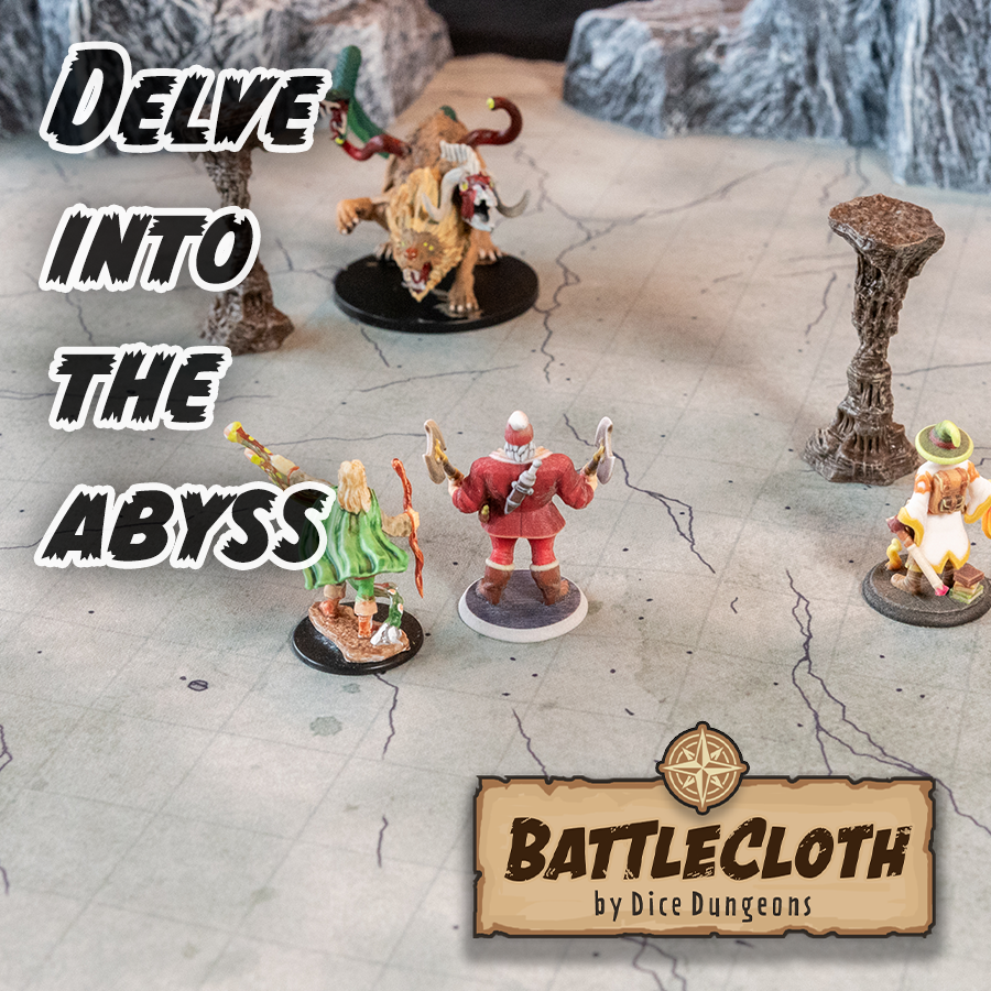 Photo of miniature figures of a cave floor battle map with overlaid text "Delve into the abyss"