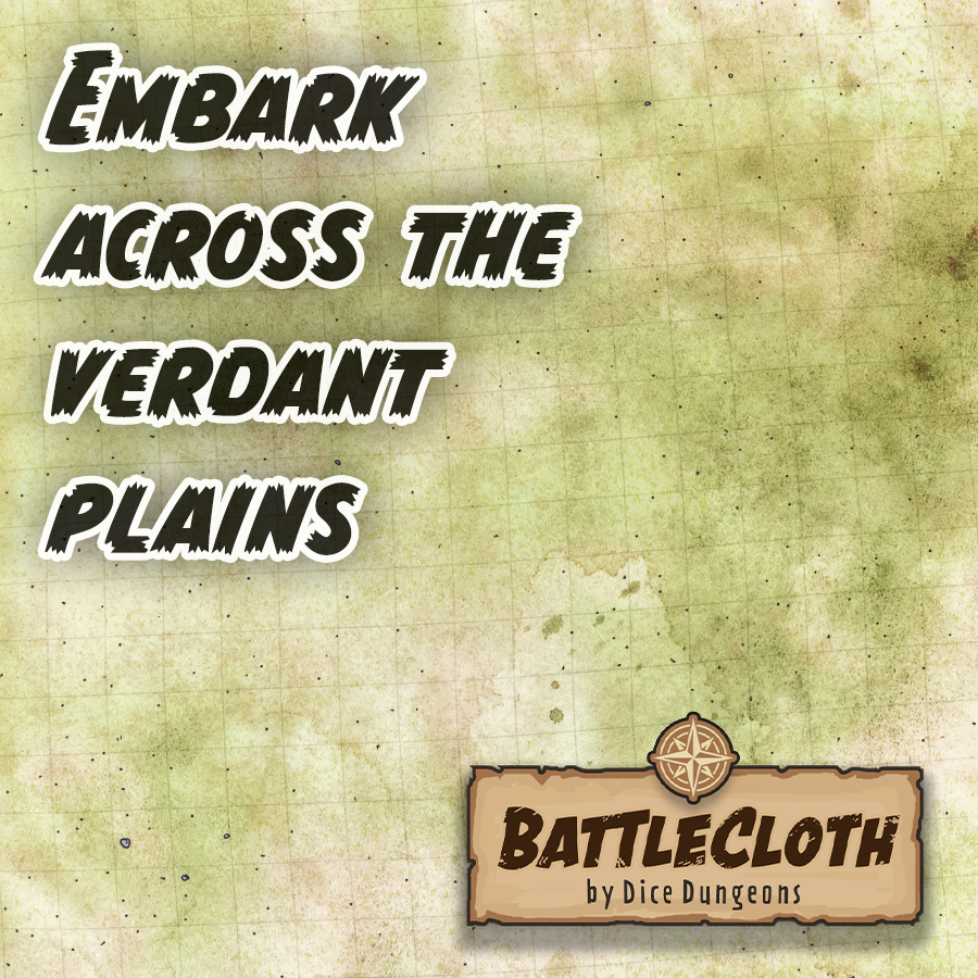 Image of an open field battle map with overlaid text "Embark across the verdant plains"
