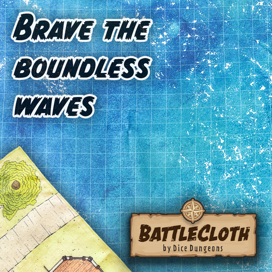 Image of an ocean battle map with overlaid text "Brave the boundless waves"