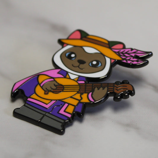 Adventure Cats bard enamel pin featuring a cat in bard attire holding a lute, shown against a plain white background.