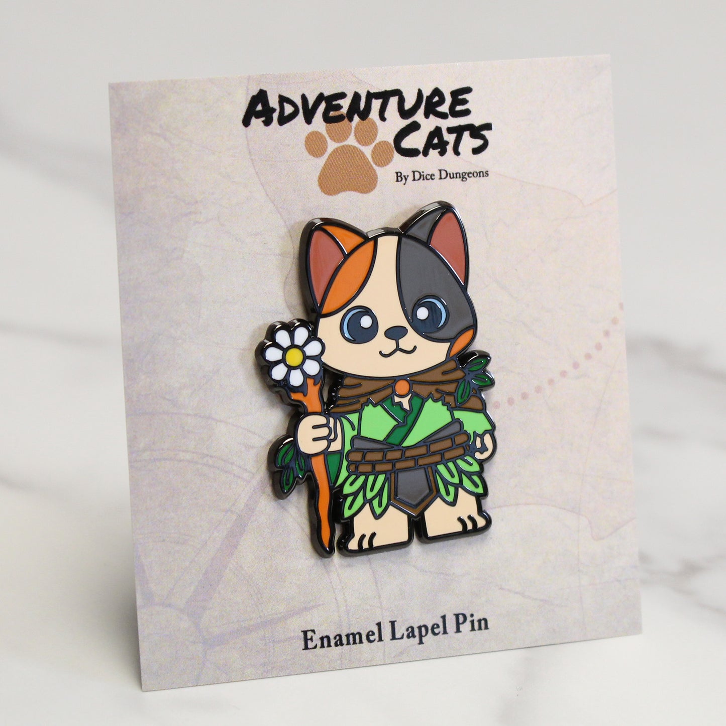 Adventure Cats druid pin displayed with its backing label.