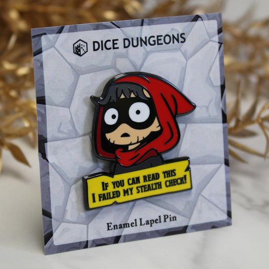 This funny lapel pin shows a surprised rogue that failed his stealth check in Dungeons and Dragons.