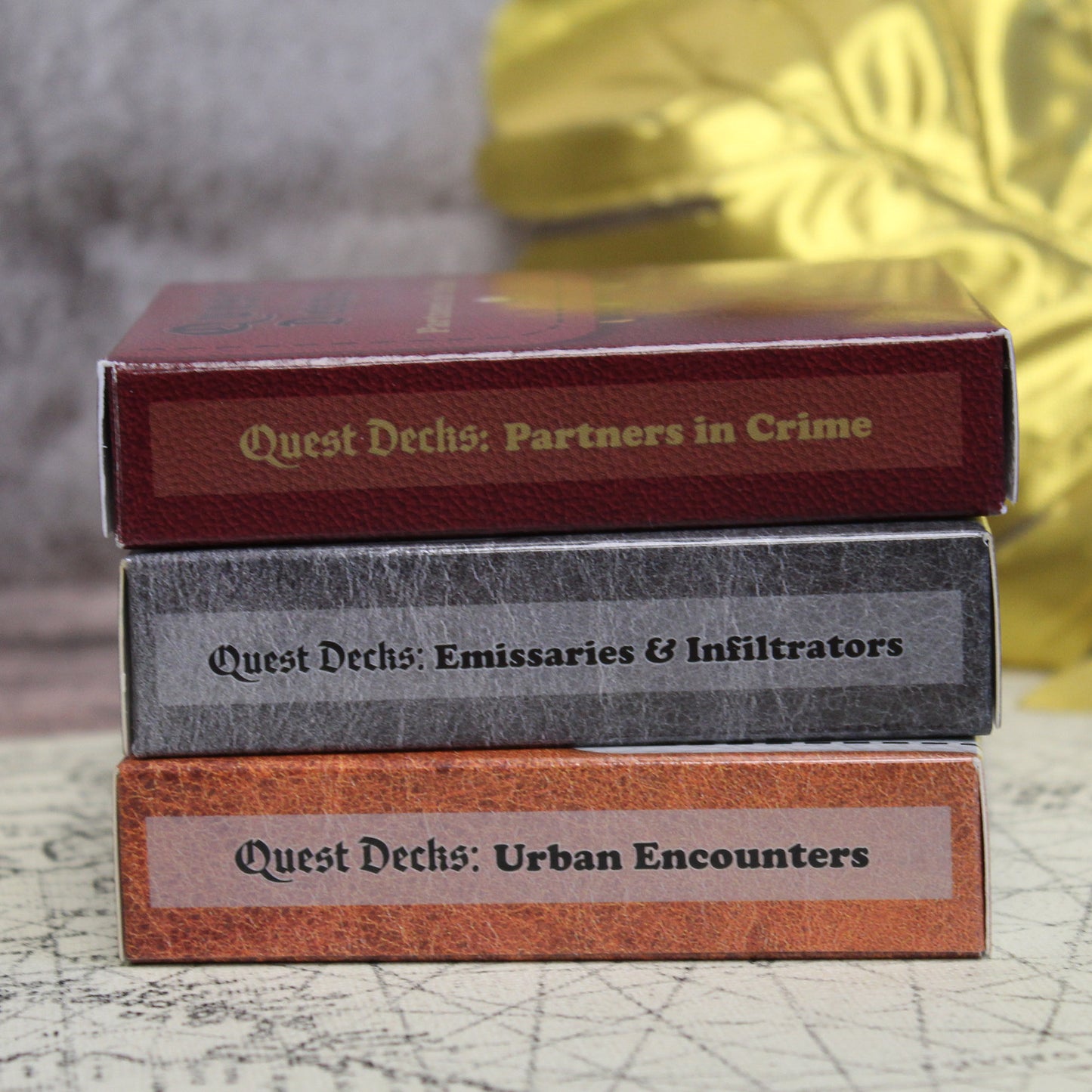 Urban-themed Quest Decks for RPGs, providing city-based quests that explore political intrigue, heists, and secrets, ideal for expanding any tabletop role-playing campaign.