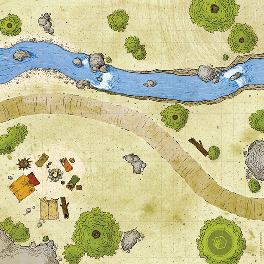 Image of a cloth battle map depicting a campsite by a roadway and a stream
