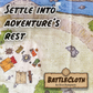 Overhead image of a campsite battle map with overlaid text "Settle into adventure's rest"