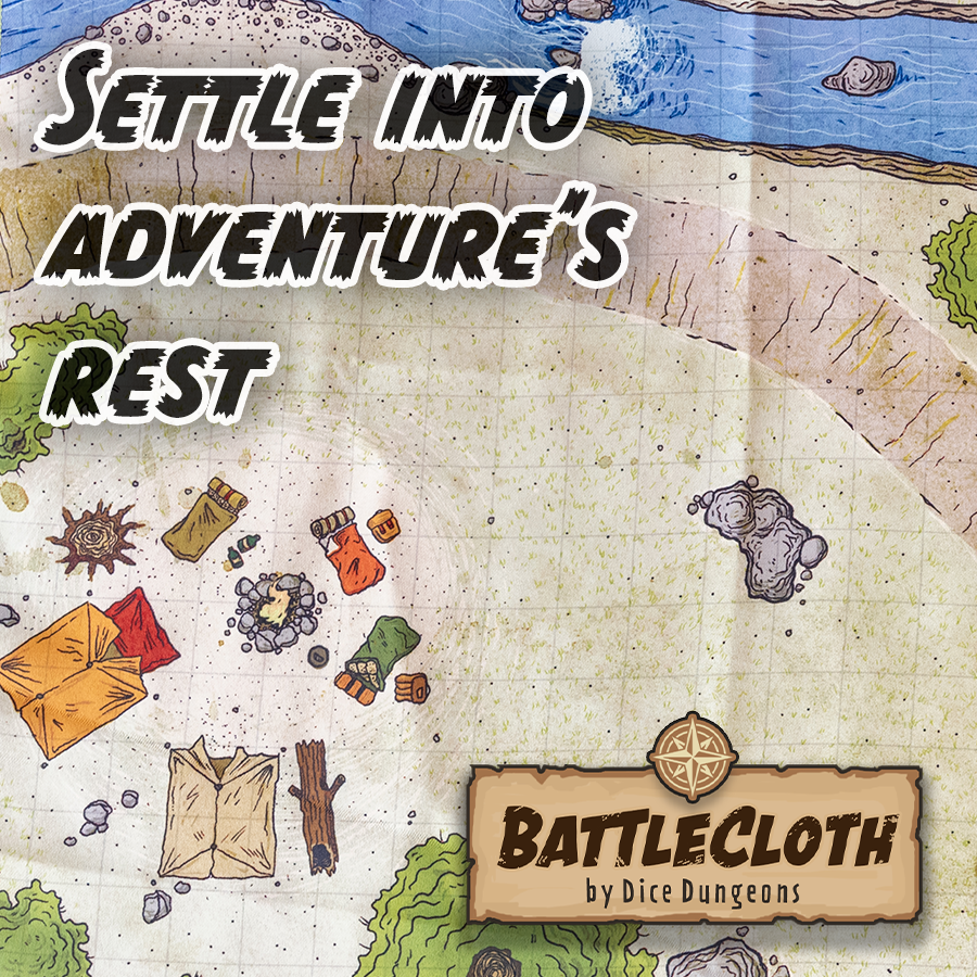 Overhead image of a campsite battle map with overlaid text "Settle into adventure's rest"
