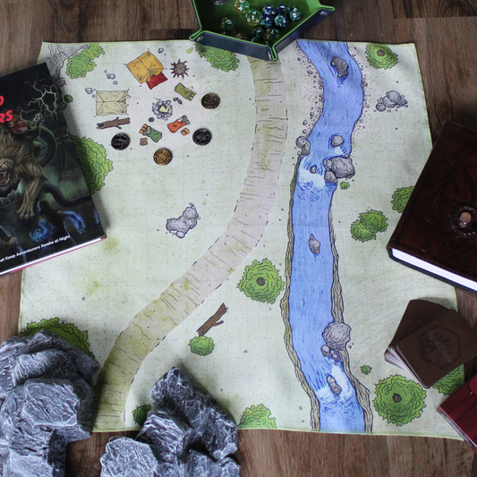 Photo of a campsite battle map with metal tokens placed on it