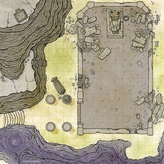 Overhead image of a cloth battle map depicting a collapsing temple