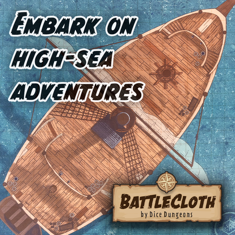 Image of a battle map depicting a ship with overlaid text "Embark on high-sea adventures"