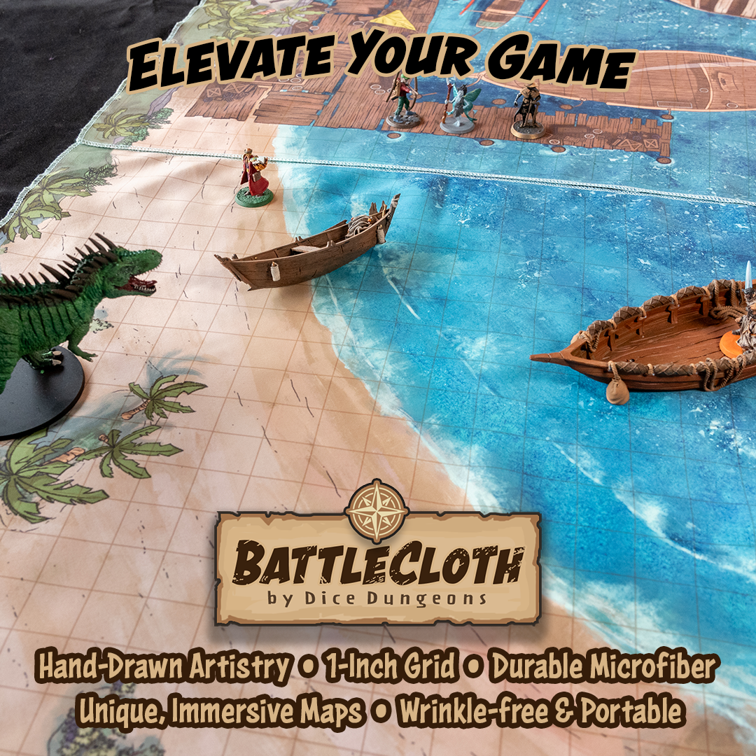 Image of a battle cloth depicting a beach with overlaid text "Elevate your game; Hand-Drawn artistry, 1-inch grid, durable microfiber, unique, immersive maps, wrinkle-free and portable"