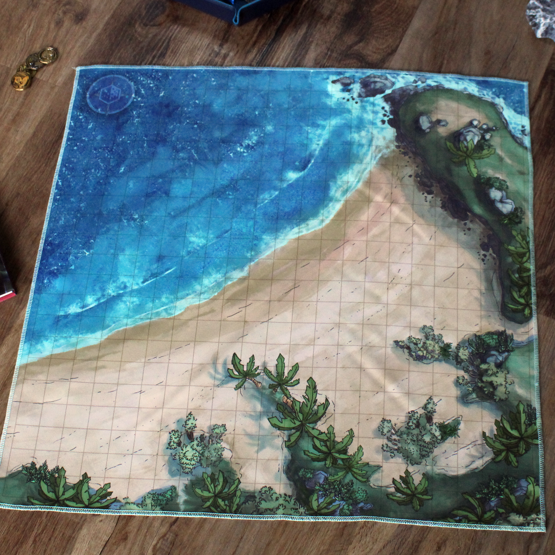 Overhead photo of a battle map depicting a shoreline