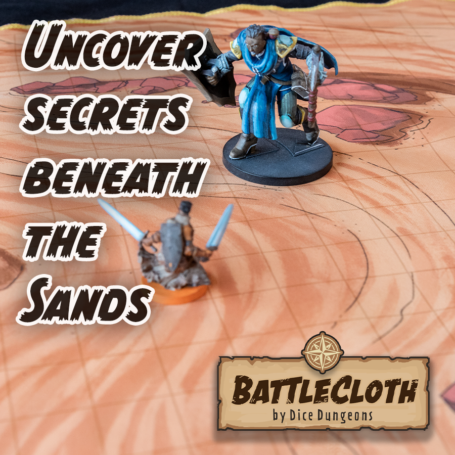 Image of a desert battle map with overlaid text, "Uncover secrets beneath the sands"