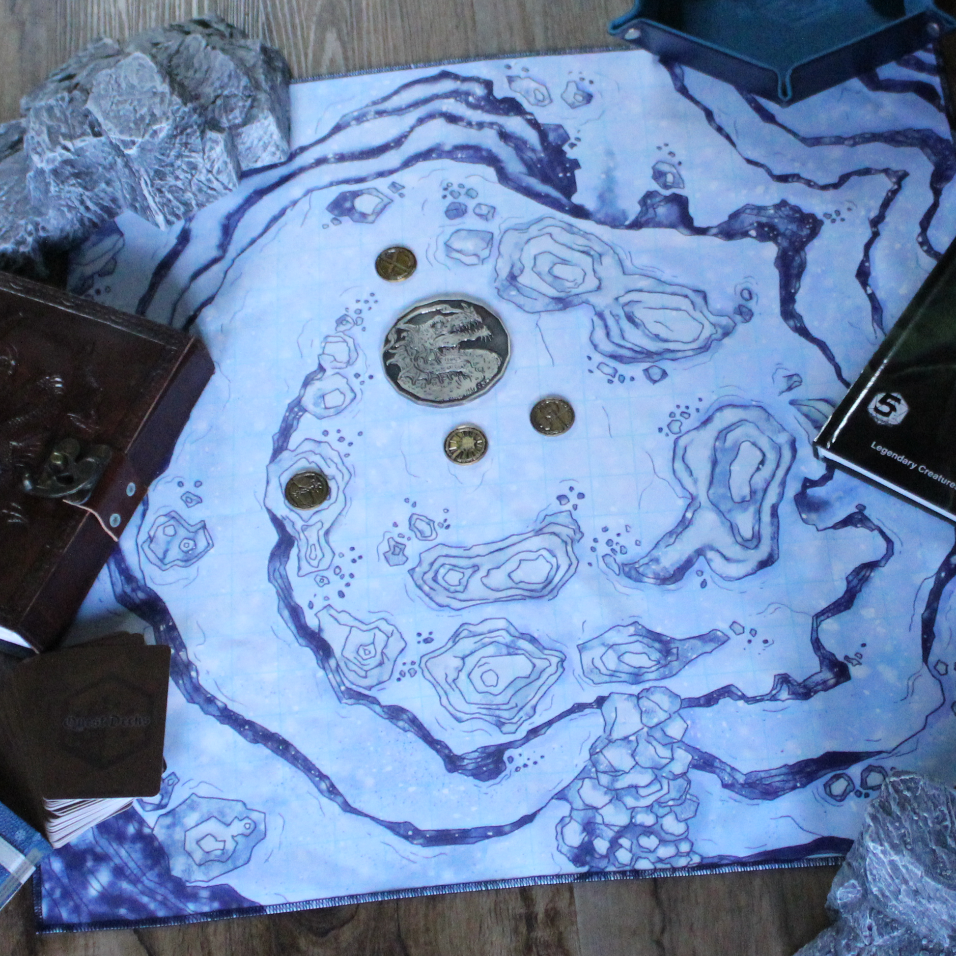 Photo of a snowy battle map with various coins placed on it