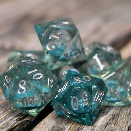 Blue and Silver liquid core dice set inspired by the modern cocktail, Blue Hawaiian