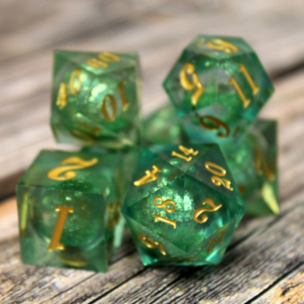 Green and Gold Liquid Core Dice Set inspired by the modern cocktail, Grasshopper